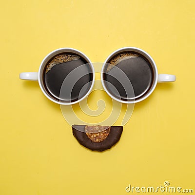 Coffee creative happy face with two cups. Top view, flat lay Stock Photo