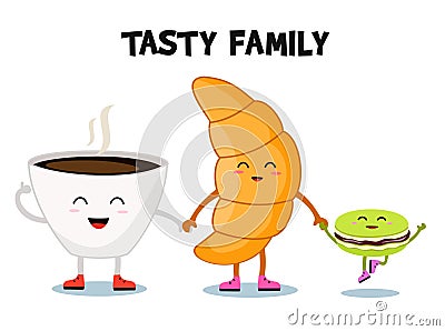 Coffee, croissant and macaroon. Cartoon stylized. Vector illustration. Cartoon Illustration