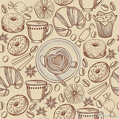 Coffee and croissant seamless pattern background vector. Vector Illustration