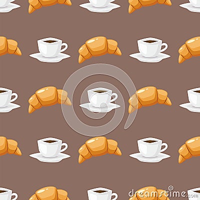 Coffee and croissant seamless pattern brown caffeine breakfast morning sweet drink vector illustration Vector Illustration