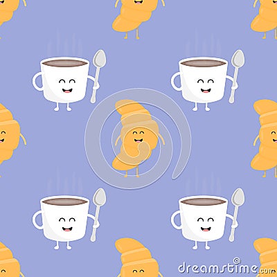 Coffee and croissant seamless pattern. Template for kids menu restaurant. Vector illustration Vector Illustration