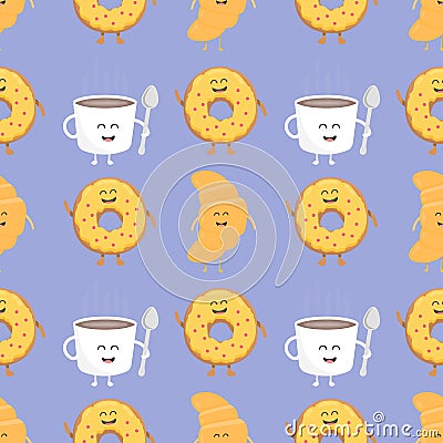 Coffee and croissant seamless pattern. Template for kids menu restaurant. Vector illustration Vector Illustration