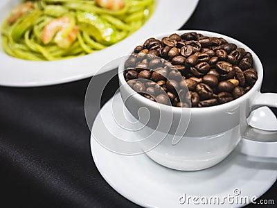 Coffee cup with coffee beans Cafe menu with spaghetti plate Food and drink Stock Photo
