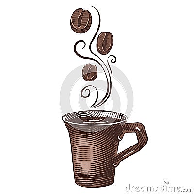 Coffee cup with coffee beans. Vector illustration in engraving style Vector Illustration