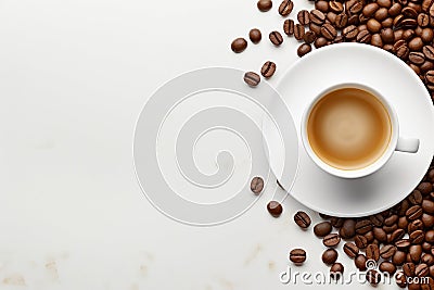 Coffee cup and coffee beans on white background. Top view. Cup of coffee on white table with brown beans, coffee drink Stock Photo