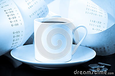 Coffee Cup, Change and Adding Tape Blues Stock Photo