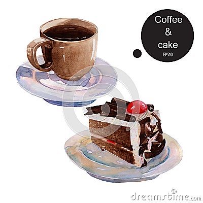 Coffee cup and chocolate cake brake time dessert watercolor hand Vector Illustration