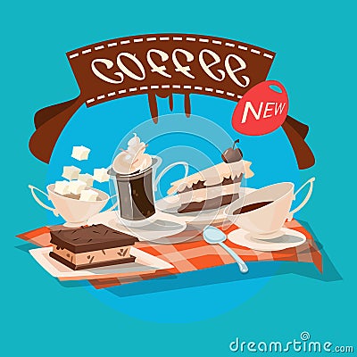 Coffee Cup With Chocolate Cakes Cafe Vector Illustration