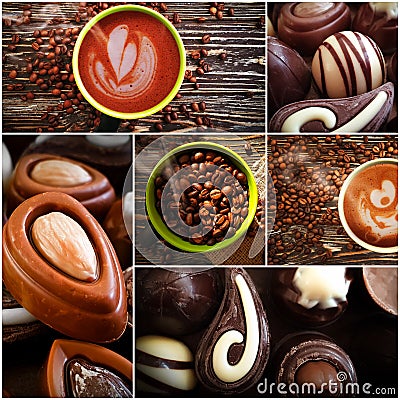 Coffee cup, chocolate candy collage background composition Stock Photo