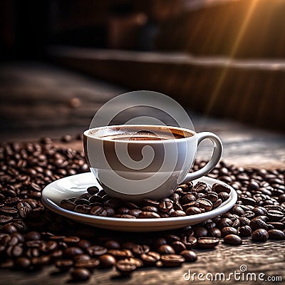 coffee cup with coffee bean on wooden table, Stock Photo