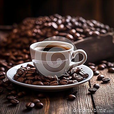 coffee cup with coffee bean on wooden table, Stock Photo