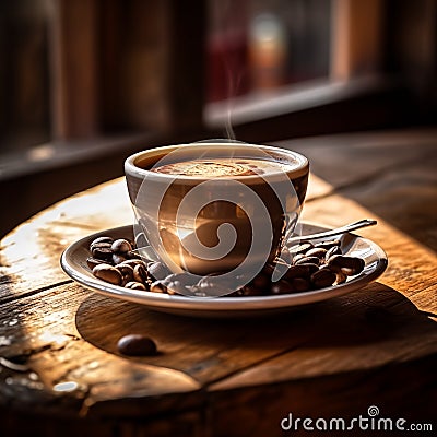 coffee cup with coffee bean on wooden table, Stock Photo