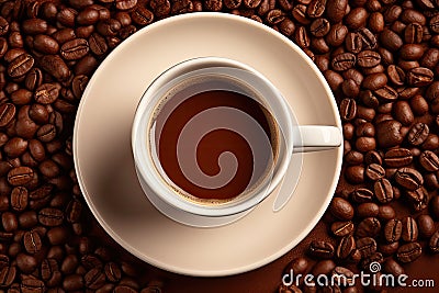 Coffee Cup and Coffee Beans, Espresso Coffeecup on Brown Coffe Grains Background, White Coffee Mug Stock Photo