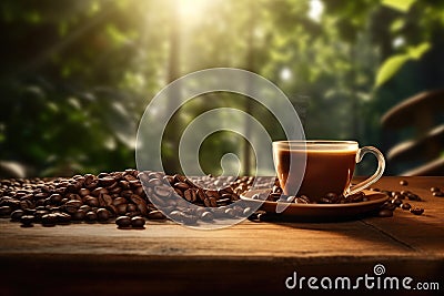 Coffee cup and coffee beans on wooden table. Warm morning dawn sun light commercial with bokeh background Stock Photo