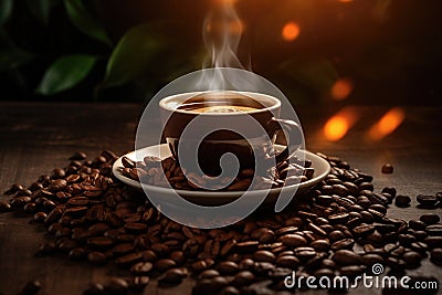 Coffee cup and coffee beans on wooden table. Warm morning dawn sun light commercial with bokeh background Stock Photo