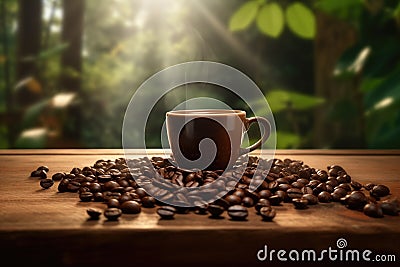 Coffee cup and coffee beans on wooden table. Warm morning dawn sun light commercial with bokeh background Stock Photo