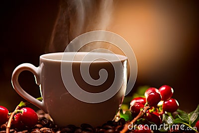 Coffee. Cup of coffee with the ripe coffee berries Stock Photo