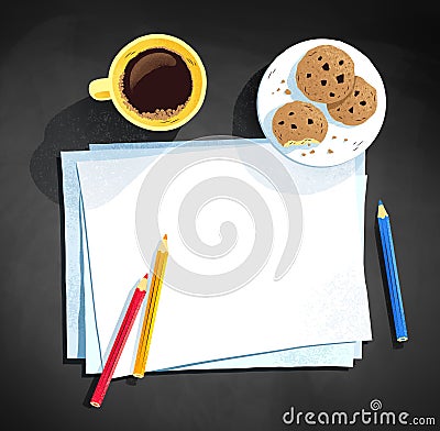 Coffee cup and color pencils laying on paper Vector Illustration