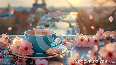 Coffee cup, cookies, Sakura, Eiffel Tower. Soft pastel palette in Paris. Blue and pink hues dominate Stock Photo