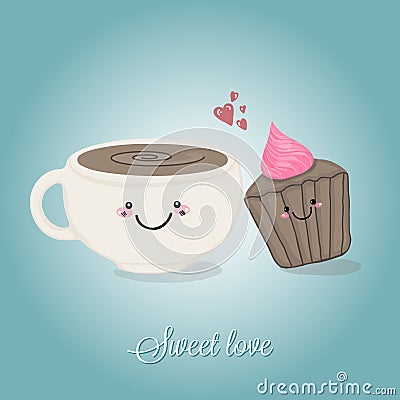 Coffee cup and cupcake sweet tandem Vector Illustration