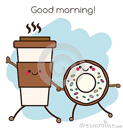 Coffee cup and donut holding hands. Cute kawaii smiling and friendly characters. good morning concept illustration Vector Illustration