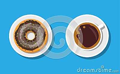 Coffee cup and donuts with chocolate cream. Vector Illustration