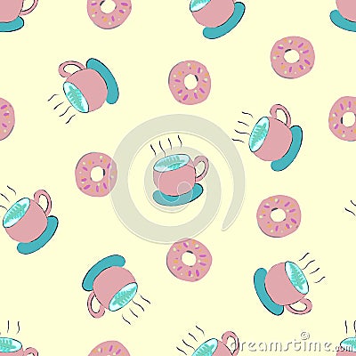Coffee cup and donuts cute cartoon seamless pattern Vector Illustration