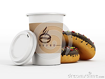 Coffee cup and donuts isolated on white background. 3D illustration Cartoon Illustration