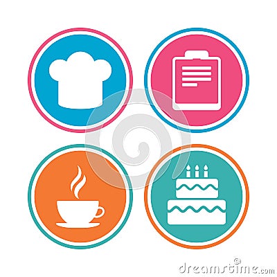 Coffee cup icon. Chef hat symbol. Birthday cake. Vector Illustration