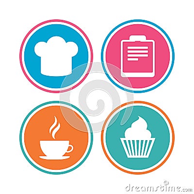 Coffee cup icon. Chef hat symbol. Muffin cupcake. Vector Illustration