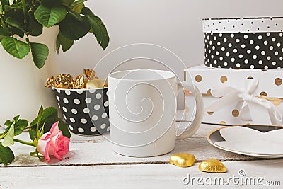 Coffee cup mock up with glamour and elegant feminine objects Stock Photo