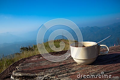 Coffee cup at mountain at Phou Khoun - Laos Stock Photo