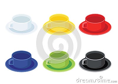 Coffee cup Multi color and Many coffee cups Multi color White yellow red blue green black Cartoon Illustration