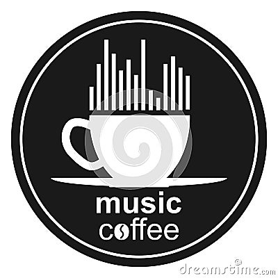 Coffee Cup, music spectrum, heart and lettering coffee music Vector Illustration