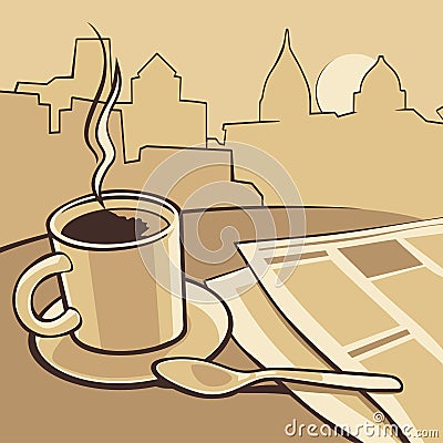 Coffee cup and news paper on table. Vector vintage monochrome illustration. Hand drawn sketch for poster, web, banner Vector Illustration