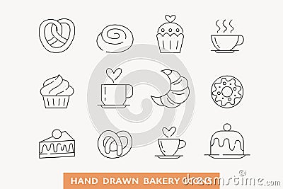 Coffee cup and pastry outline icon set Vector Illustration