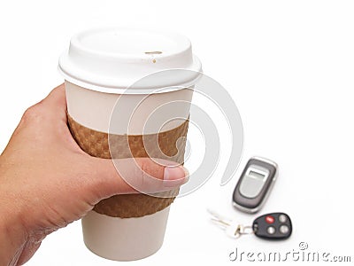 Coffee cup, phone and keys Stock Photo