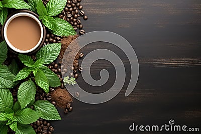 Coffee cup with roasted coffee beans, ground coffee powder and fresh mint leaves on wooden background. Top view, flatlay, copy Stock Photo