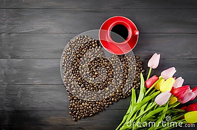 Coffee cup , Coffee beans and tulips Stock Photo