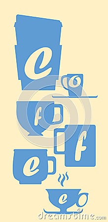 Coffee cup silhouette with letters blue on white vertical illustration Cartoon Illustration