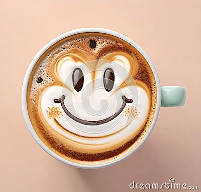 Coffee cup with a smiley face on it on background Stock Photo