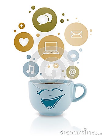 Coffee cup with social and media icons in colorful bubbles Stock Photo