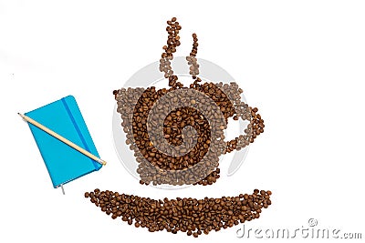 Coffee cup and steam made from beans, grain. on white b Stock Photo