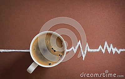Coffee cup top view and heart beats cardiogram Stock Photo