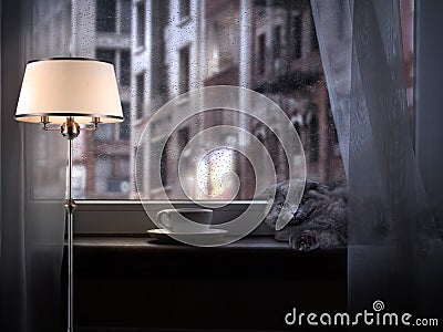 Coffee Cup on the window. On the windowsill is a cat. The light from the lamp. Rain drops on glass. Outside the city Stock Photo