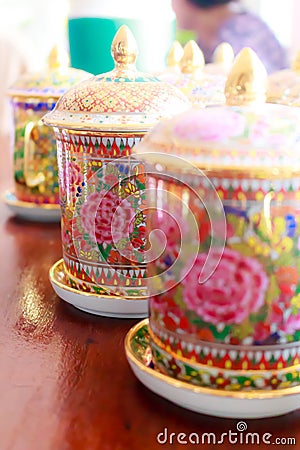 Coffee cups with antique Thai pattern Stock Photo