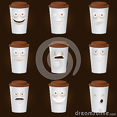 Coffee Cups Characters - Cute set of 9 coffee cups Vector Illustration