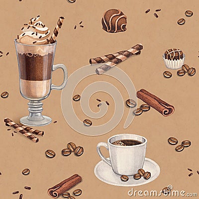 Coffee cups and chocolate sweets Cartoon Illustration