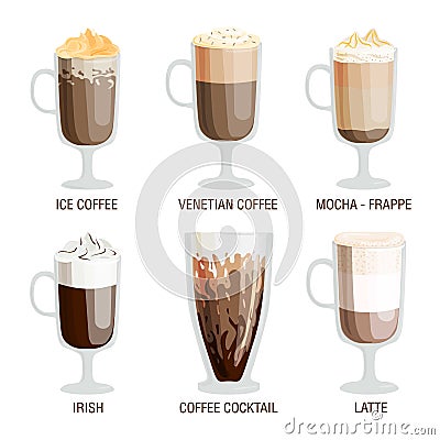 Coffee cups different cafe drinks Vector Illustration