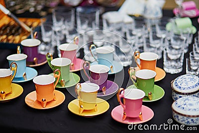 Coffee cups on a flea market Stock Photo